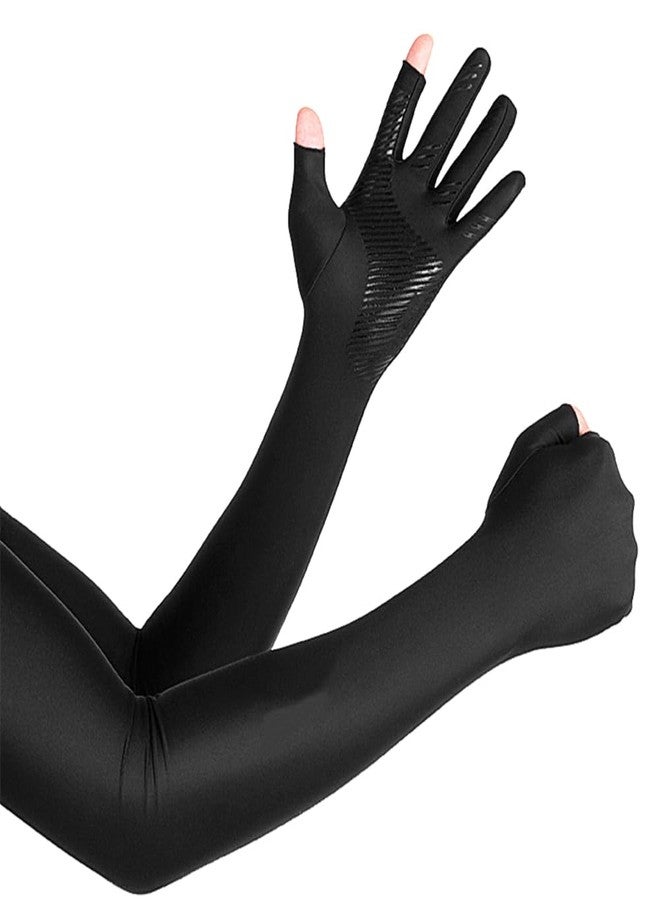 Inf-way UV Protection Armsleeves with 2 Cut Fingers Sun Gloves Men Anti-slip Fishing Driving Cycling Sports Cooling Long Sleeves (Black) - Image 3